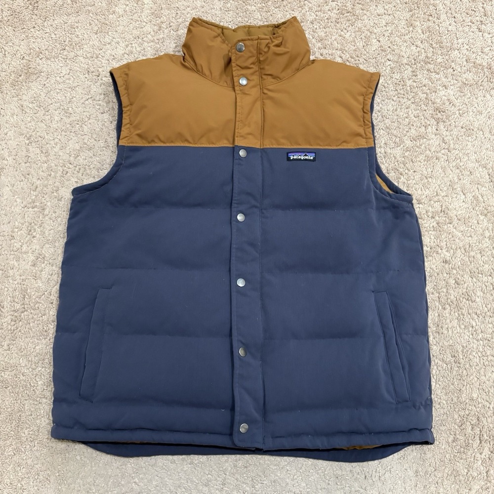 Patagonia Bivy Down Vest Men's Large Full Zip Navy Blue Brown Puffer
